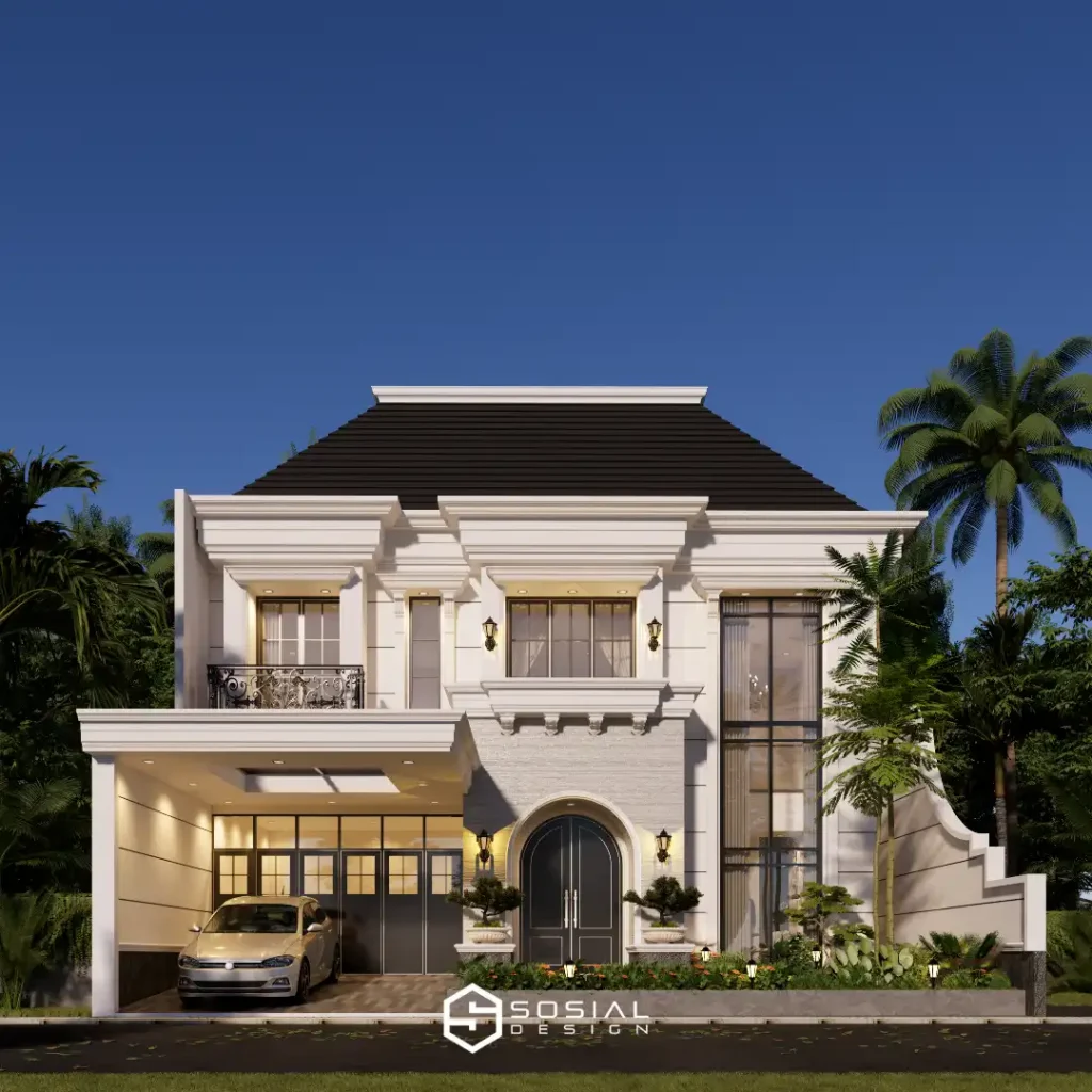 Desain rumah classic modern dua lantai di Tangerang dengan fasad simetris, pilar klasik, dan bukaan tinggi