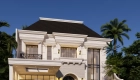 Desain rumah classic modern dua lantai di Tangerang dengan fasad simetris, pilar klasik, dan bukaan tinggi