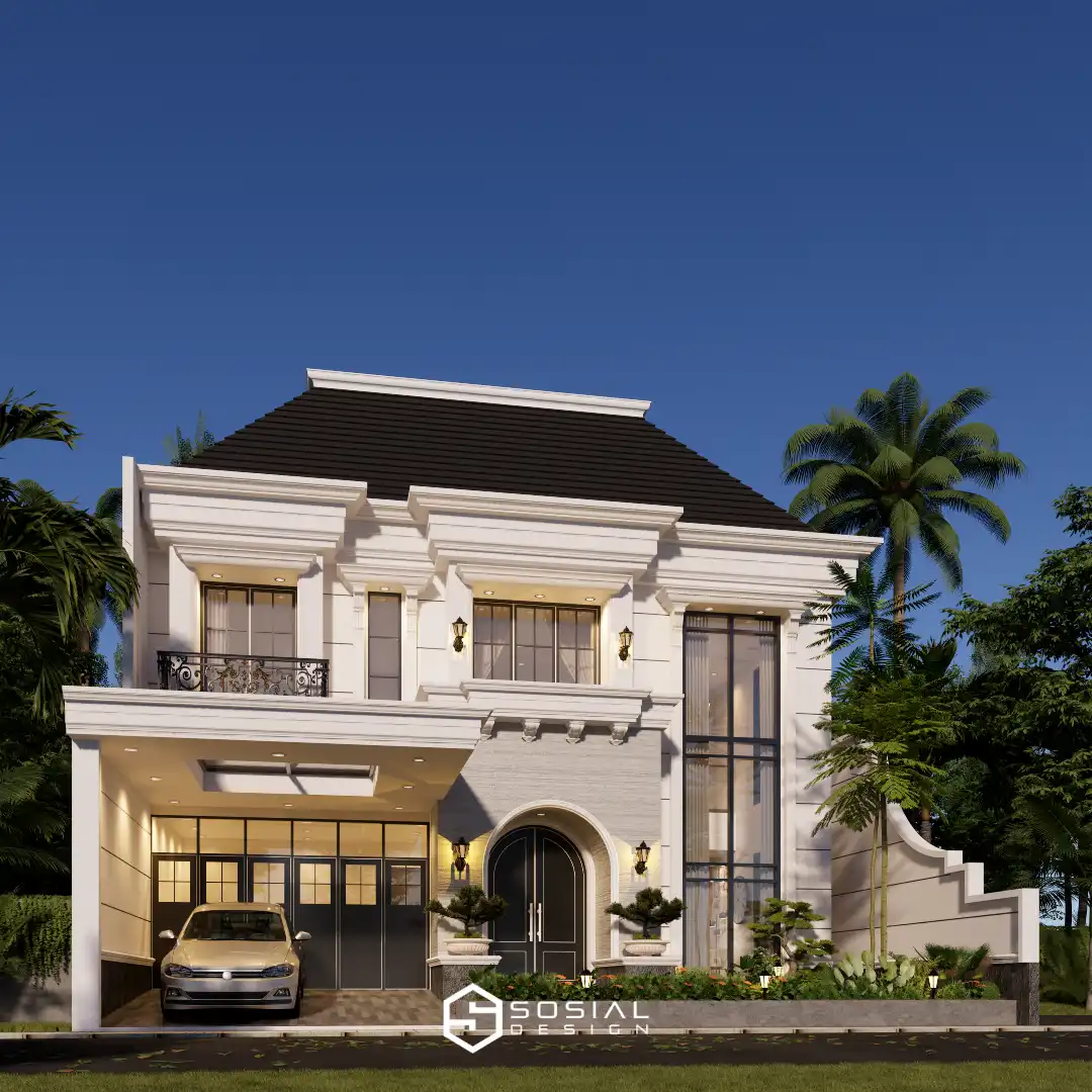 Desain rumah classic modern dua lantai di Tangerang dengan fasad simetris, pilar klasik, dan bukaan tinggi