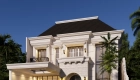 Desain rumah classic modern dua lantai di Tangerang dengan fasad simetris, pilar klasik, dan bukaan tinggi