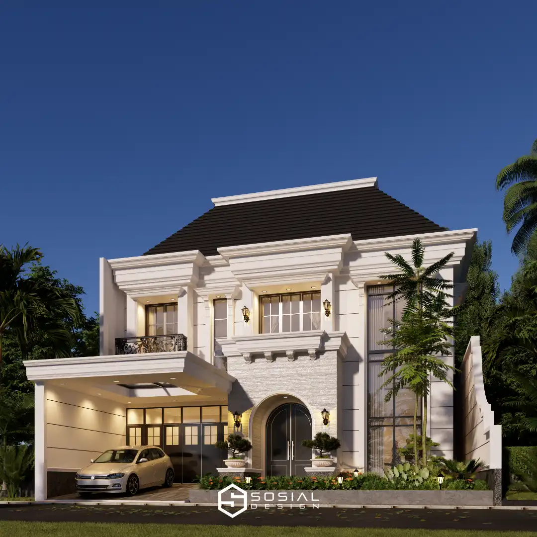 Desain rumah classic modern dua lantai di Tangerang dengan fasad simetris, pilar klasik, dan bukaan tinggi