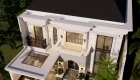 Desain rumah classic modern dua lantai di Tangerang dengan fasad simetris, pilar klasik, dan bukaan tinggi