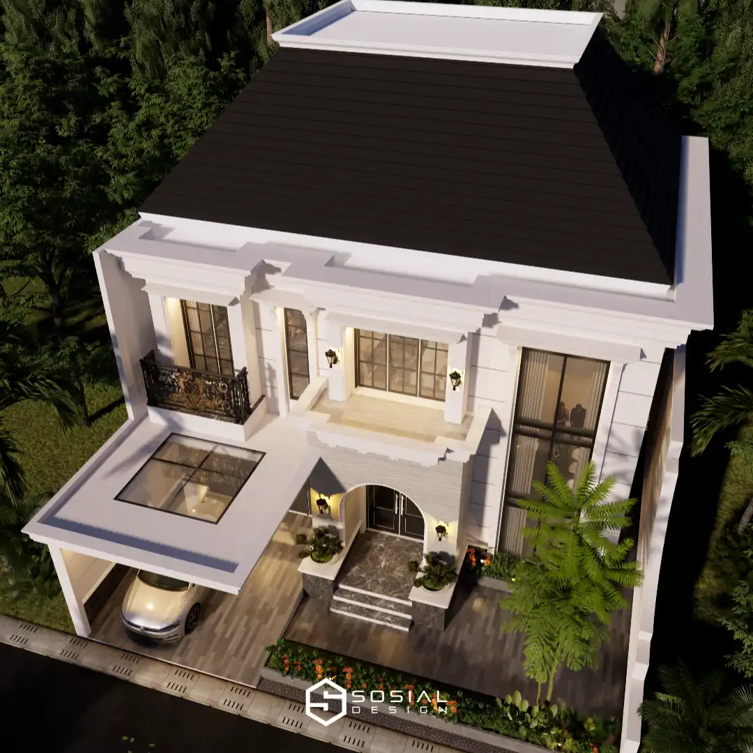 Desain rumah classic modern dua lantai di Tangerang dengan fasad simetris, pilar klasik, dan bukaan tinggi