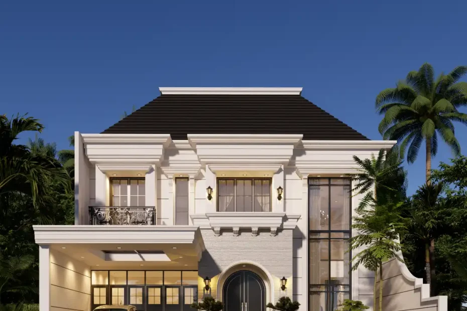 Desain rumah classic modern dua lantai di Tangerang dengan fasad simetris, pilar klasik, dan bukaan tinggi
