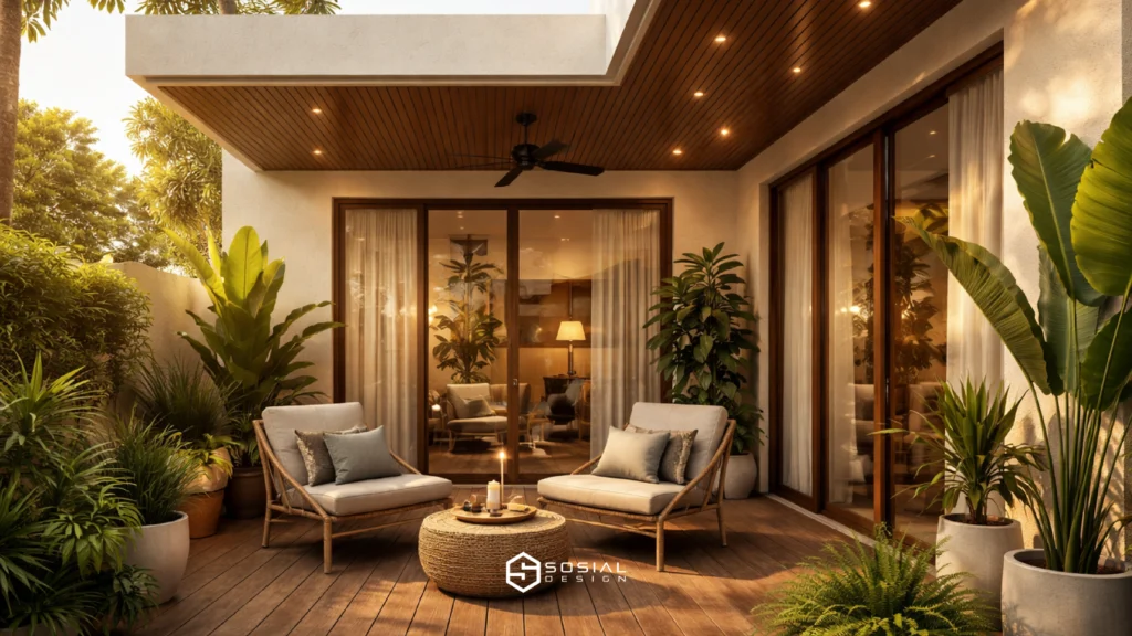teras rumah modern minimalis yang nyaman dengan kursi santai dan tanaman
