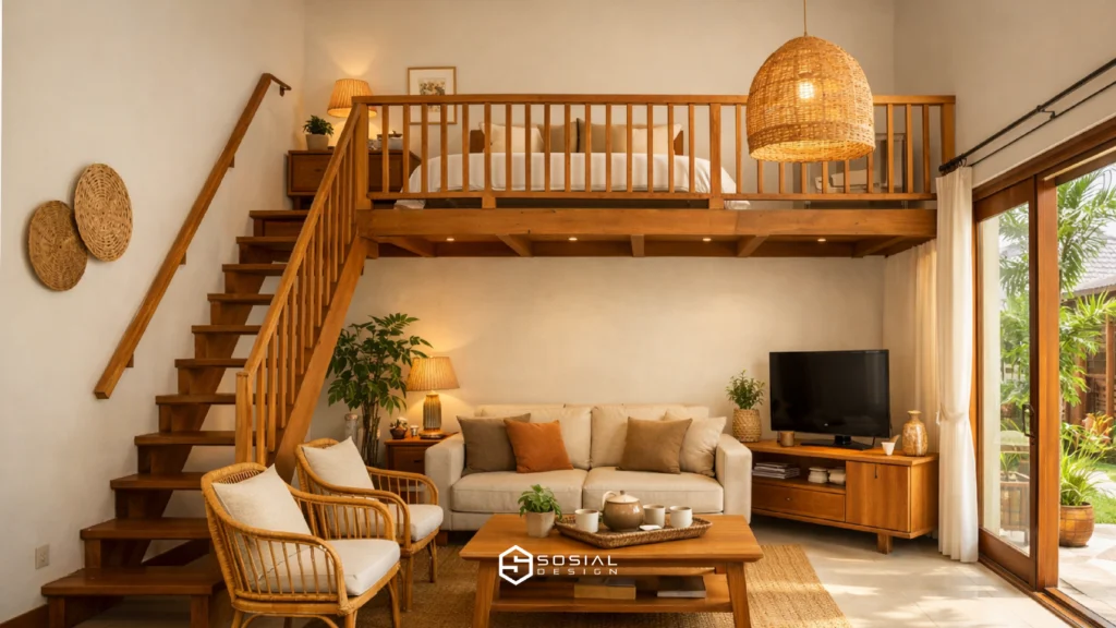 mezzanine kayu pada rumah minimalis modern