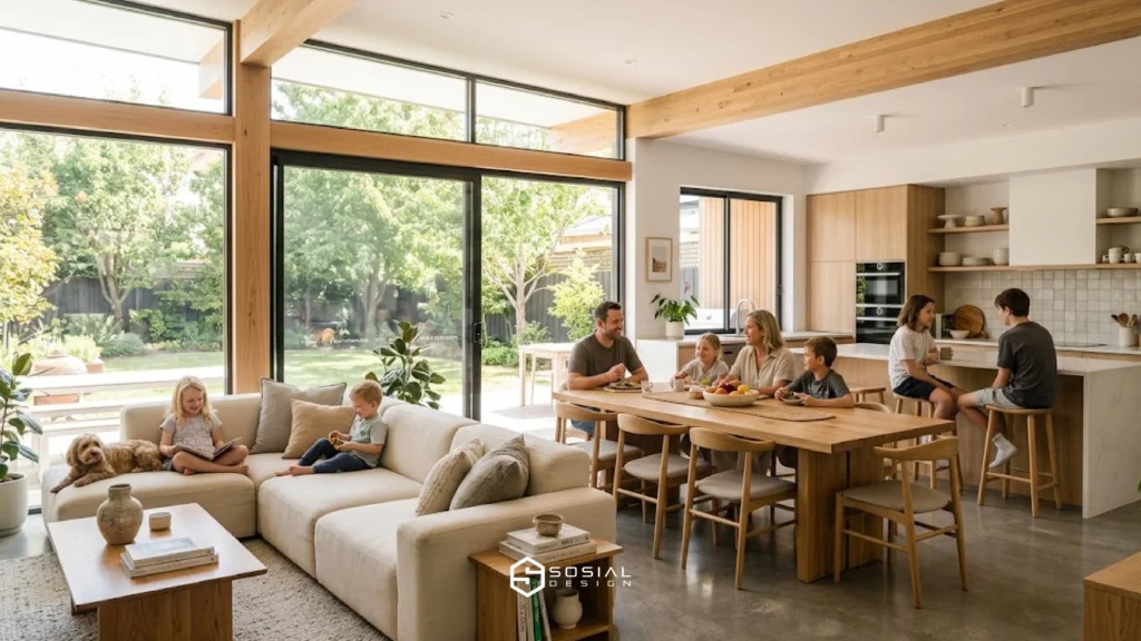 Desain rumah open space dengan ruang tamu dan dapur menyatu