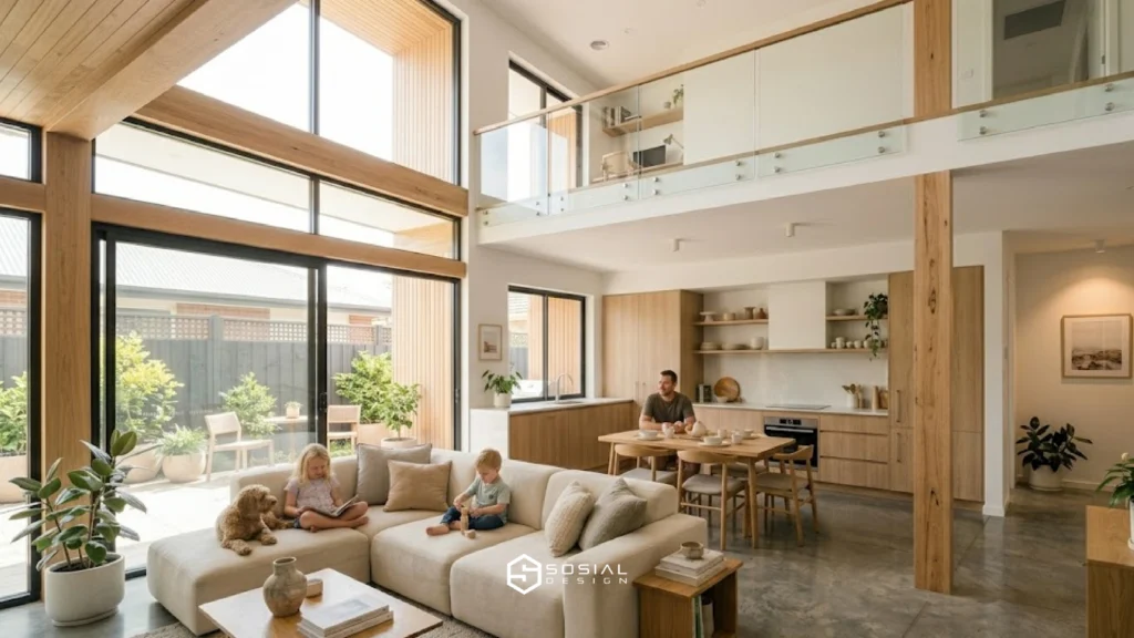 Rumah open space dua lantai dengan ruang keluarga luas dan terang