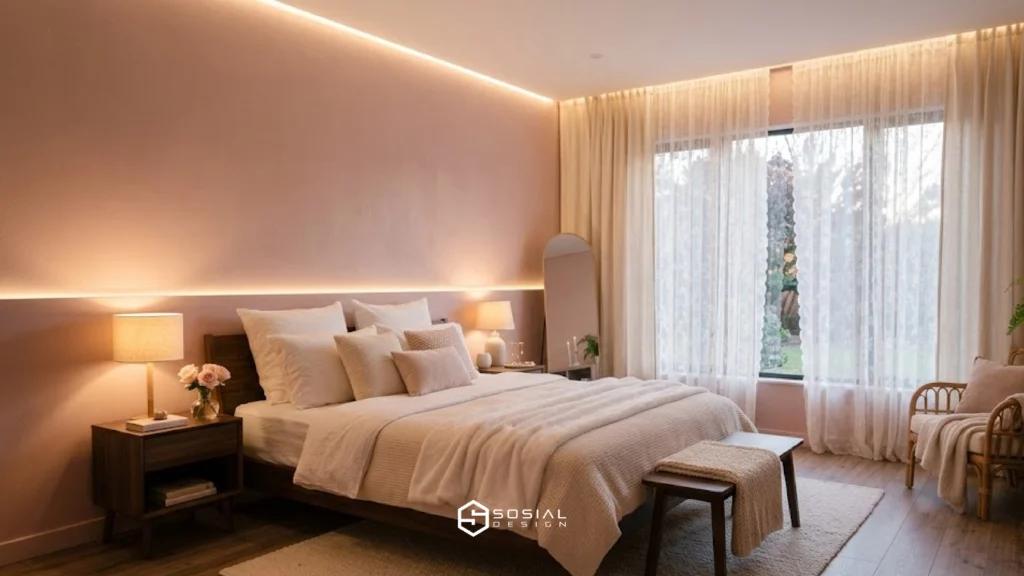 warna cat kamar tidur romantis dusty pink dengan suasana hangat