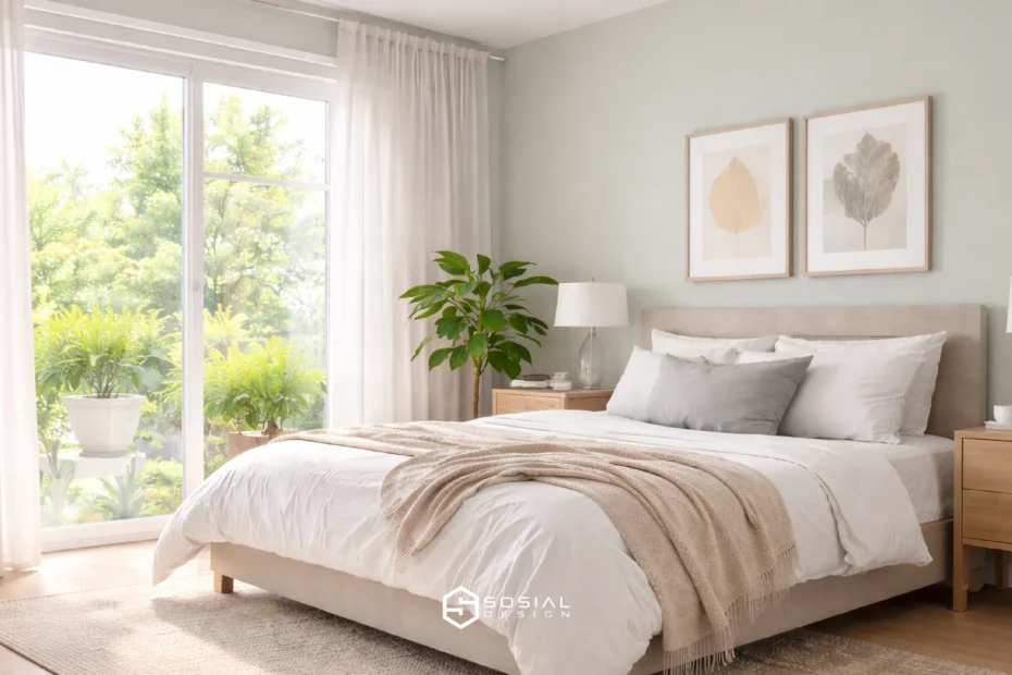 Kamar tidur minimalis modern dengan warna dinding hijau lembut