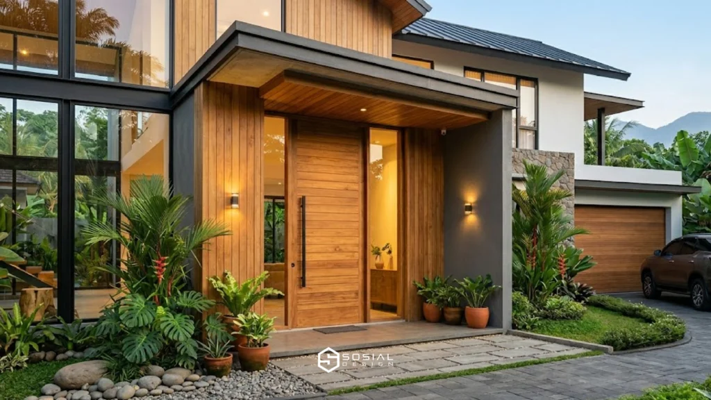 Desain eksterior rumah tropis modern dengan pintu kayu minimalis