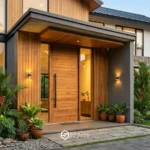 Desain eksterior rumah tropis modern dengan pintu kayu minimalis