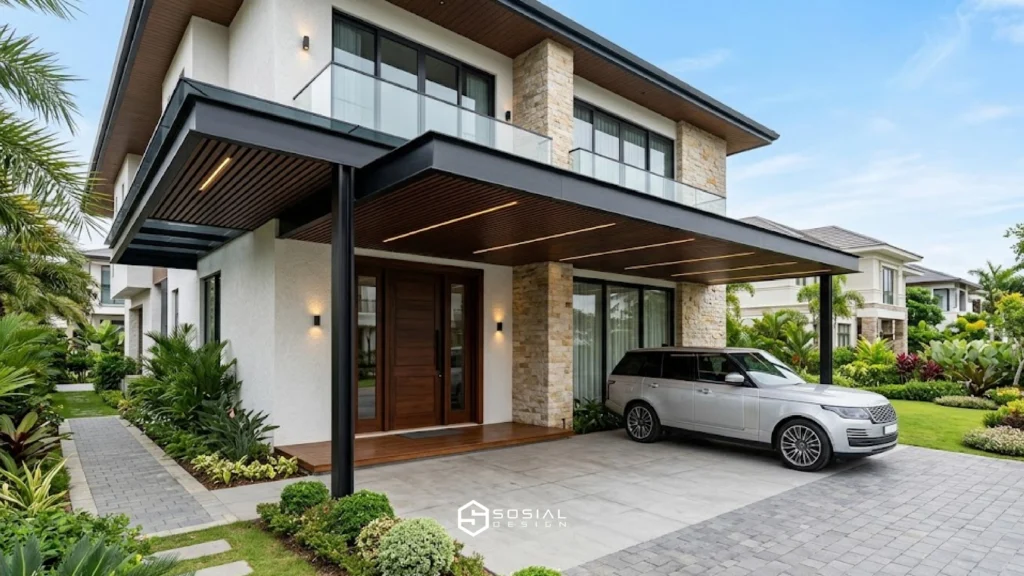 Model kanopi minimalis mewah dengan rangka baja hitam dan plafon motif kayu