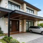 Model kanopi minimalis mewah dengan rangka baja hitam dan plafon motif kayu