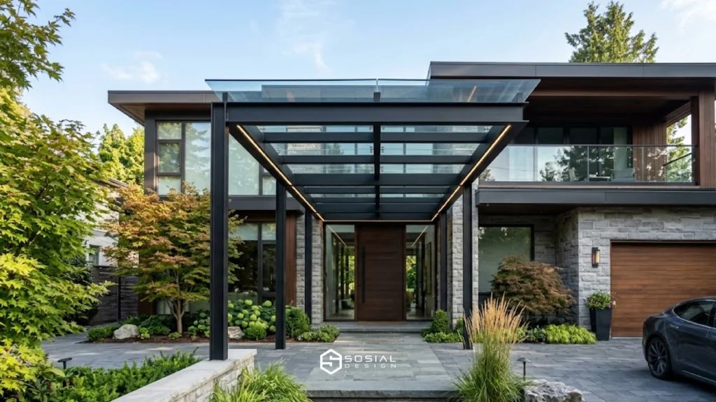 Model kanopi minimalis mewah pada fasad rumah modern elegan