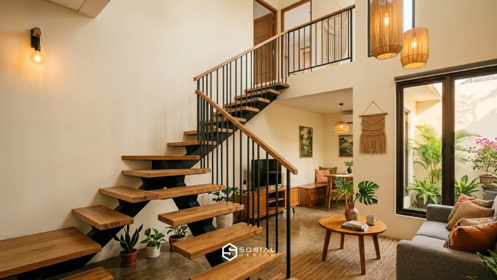 Inspirasi tangga minimalis kombinasi besi dan kayu untuk rumah type 36.