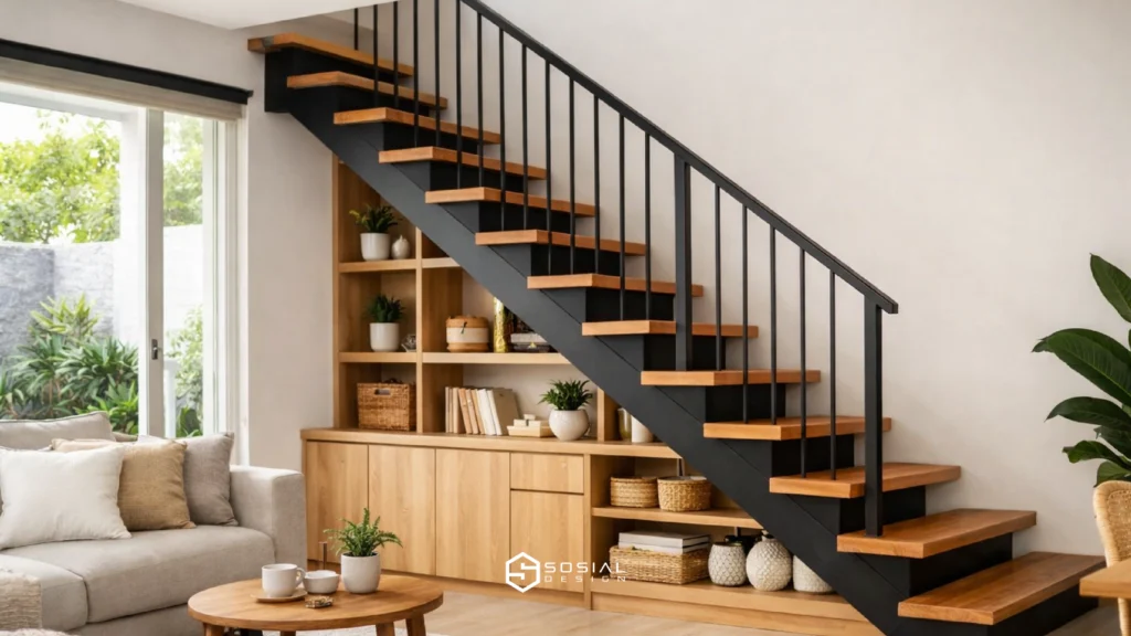 Tangga kecil minimalis di rumah type 36 dengan desain lurus dan railing besi hitam.