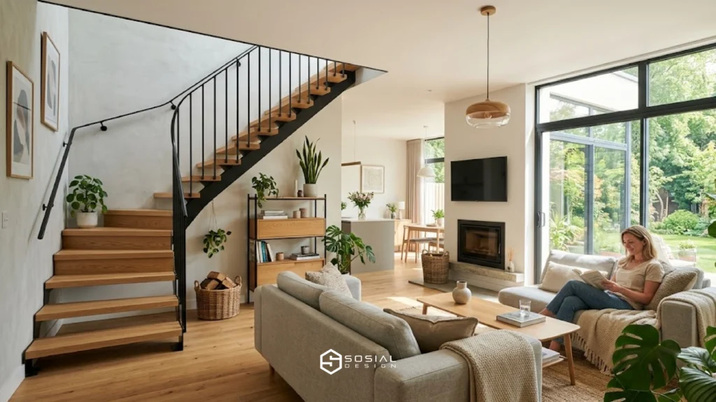 gambar tangga rumah minimalis model L di ruang keluarga modern