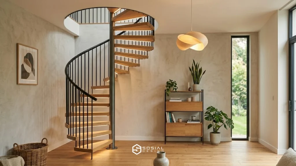 contoh tangga rumah spiral modern di ruang minimalis
