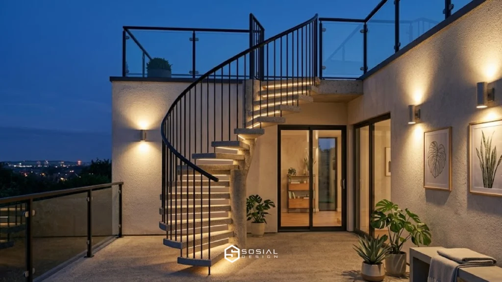 desain tangga outdoor beton ekspos menuju rooftop