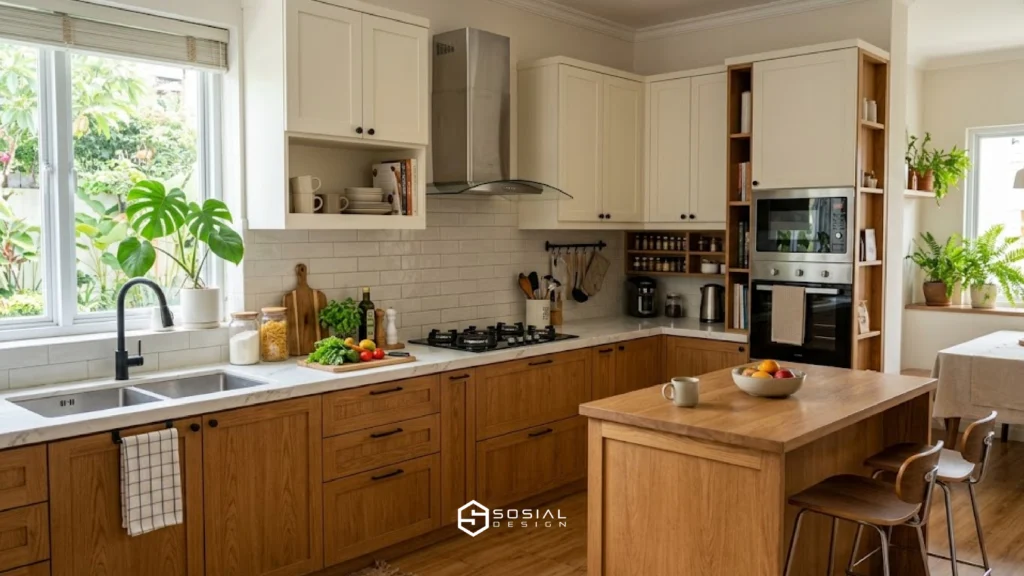 Desain dapur minimalis dengan kitchen set kayu, counter island, dan peralatan dapur modern