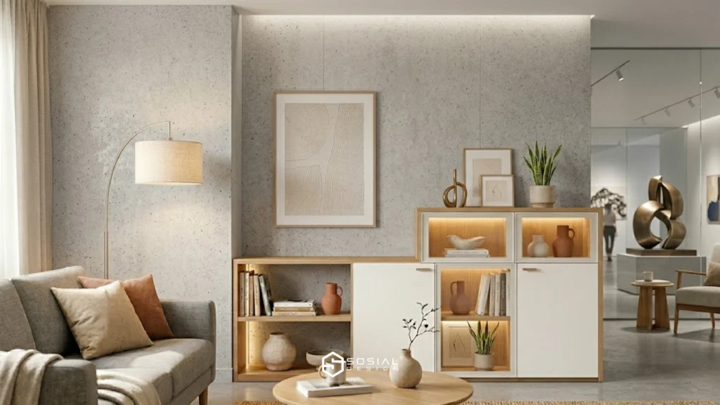 lemari hias ruang tamu kecil sederhana warna putih kayu