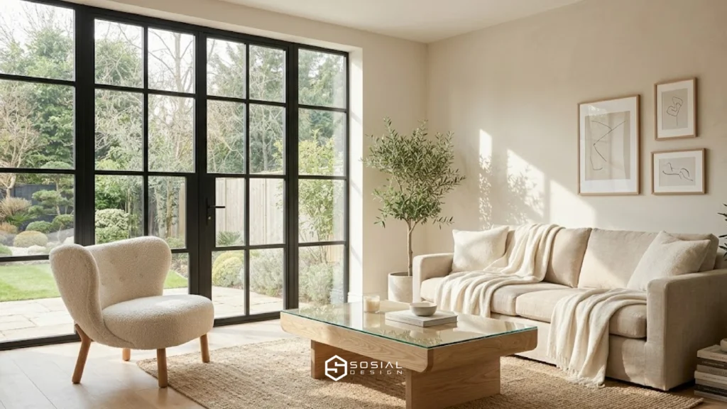 Ruang keluarga dengan furniture unik dan desain minimalis modern
