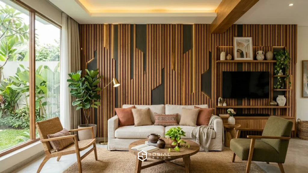 Desain wall panel kayu modern untuk ruang tamu estetik dan nyaman.