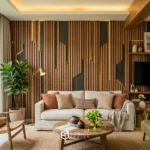 Desain wall panel kayu modern untuk ruang tamu estetik dan nyaman.
