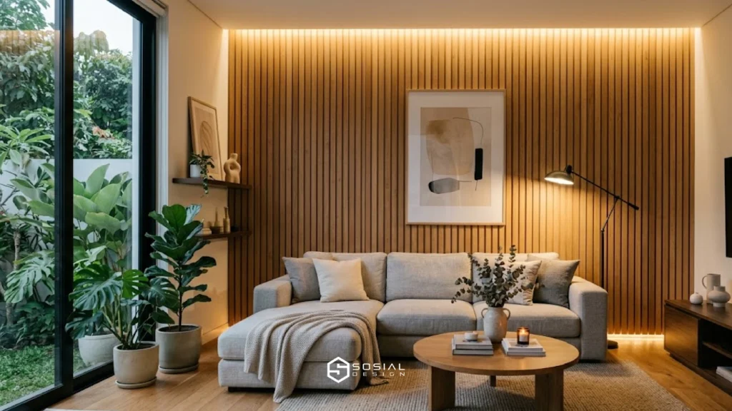 desain wall panel kayu vertikal pada ruang tamu minimalis modern