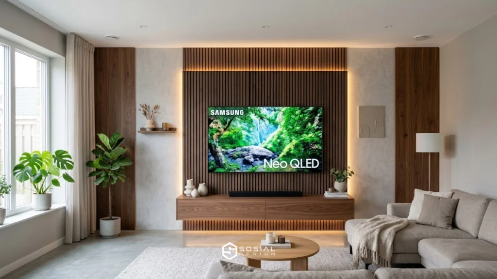 desain wall panel backdrop TV dengan pencahayaan LED modern