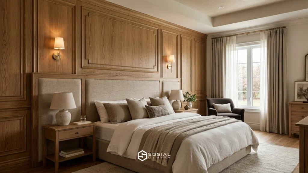 panel kayu dinding klasik pada kamar tidur utama elegan