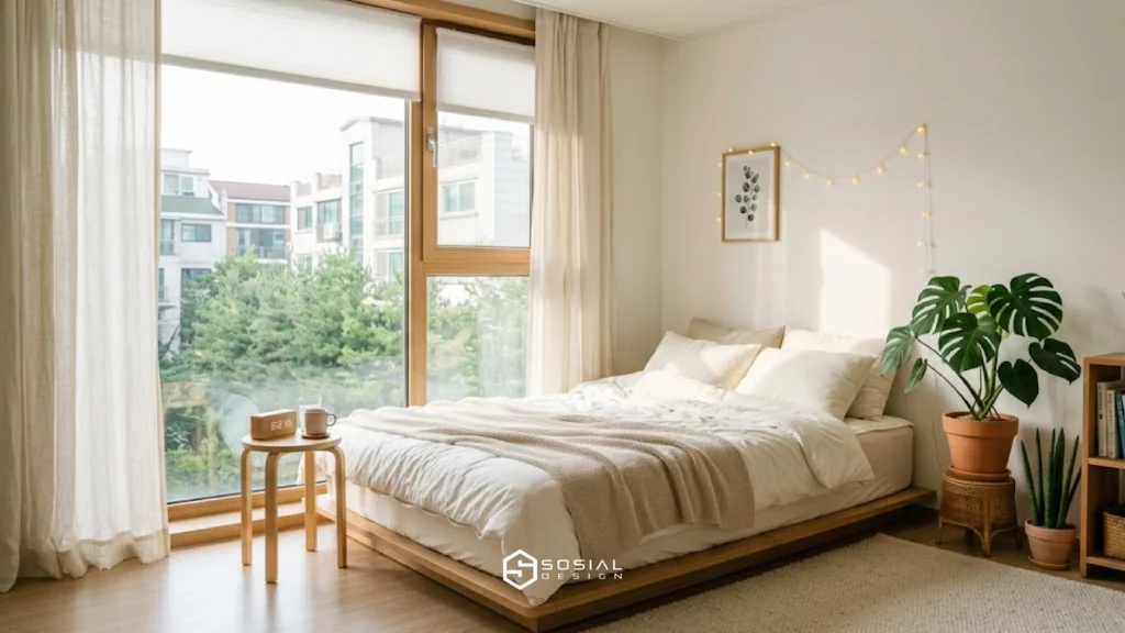 kamar aesthetic ala korea bernuansa putih krem dengan pencahayaan natural