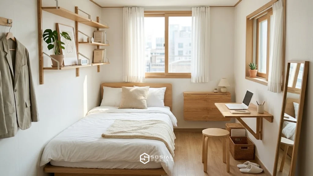 desain kamar kos ala korea minimalis ukuran kecil yang terlihat luas