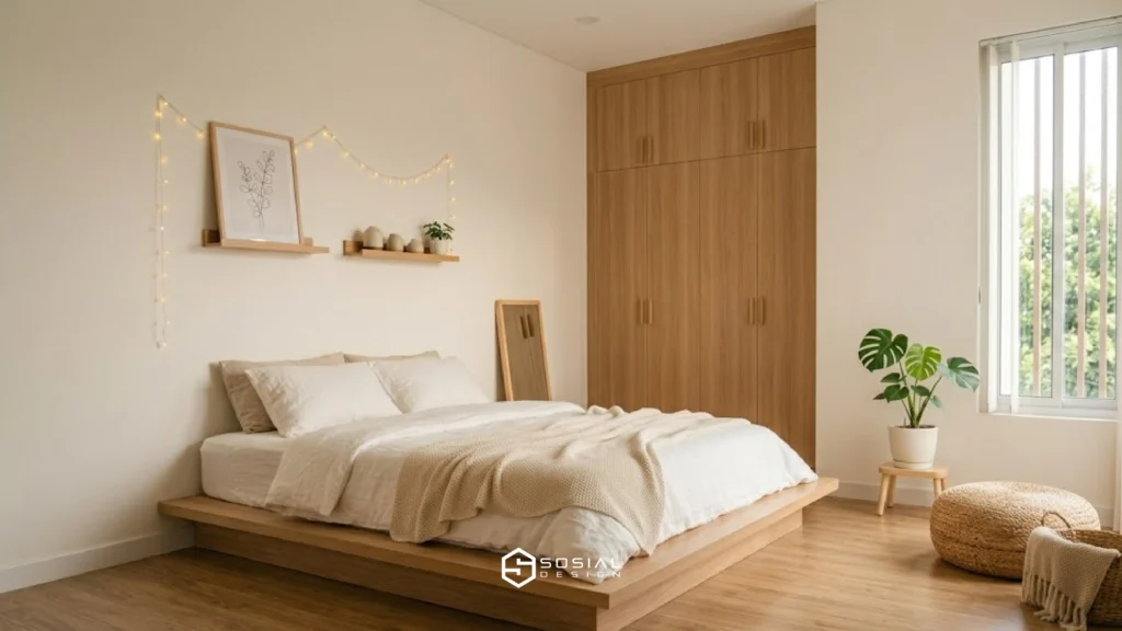 kamar aesthetic ala korea bernuansa putih krem dengan pencahayaan natural