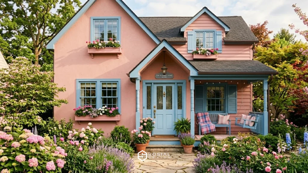 Rumah estetik bergaya cottage dengan dinding merah muda lembut dan aksen pintu serta jendela berwarna biru muda, dikelilingi taman bunga yang asri.