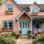 Rumah estetik bergaya cottage dengan dinding merah muda lembut dan aksen pintu serta jendela berwarna biru muda, dikelilingi taman bunga yang asri.