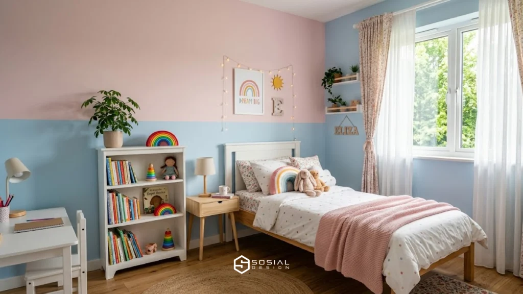 desain cat kamar tidur 2 warna pink dan biru yang lembut