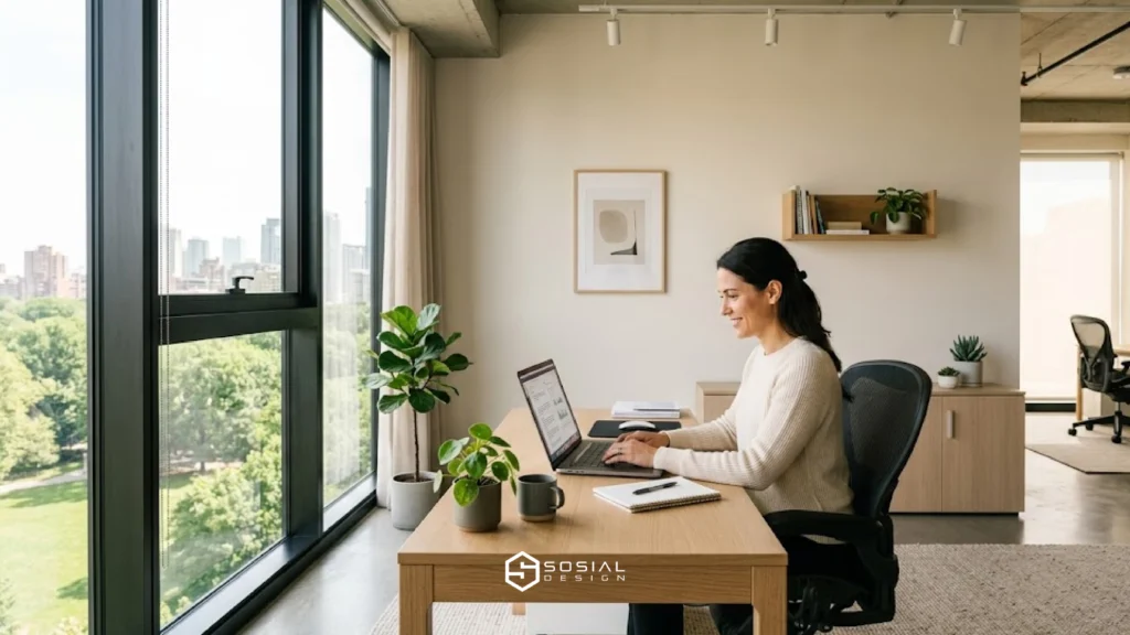 design ruang kantor modern minimalis dengan suasana nyaman dan produktif