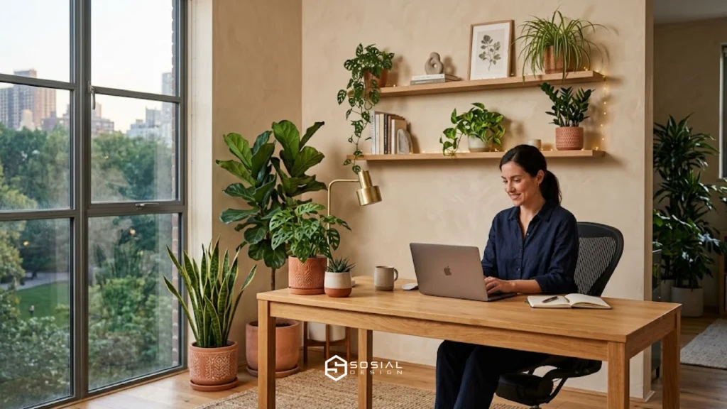 dekorasi ruang kerja kantor dengan tanaman dan rak minimalis