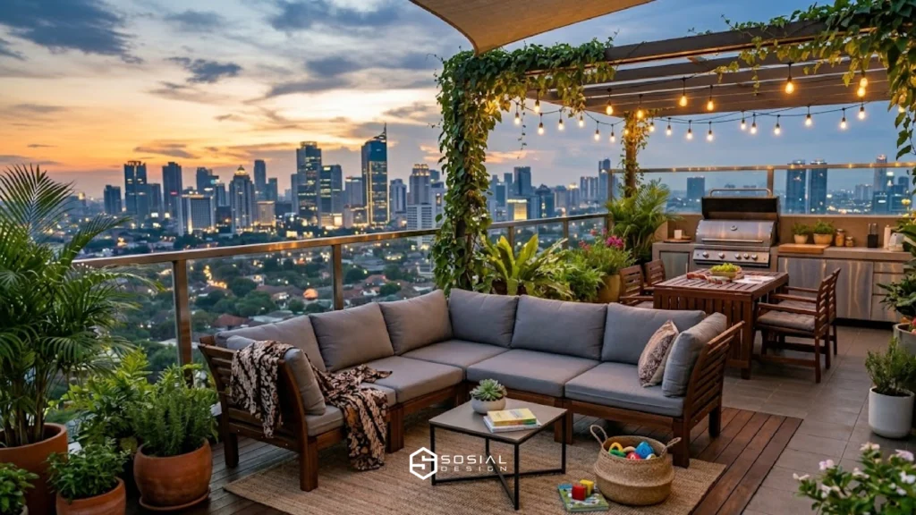 Rooftop modern nyaman dengan sofa dan dapur outdoor, menghadap pemandangan kota saat senja.