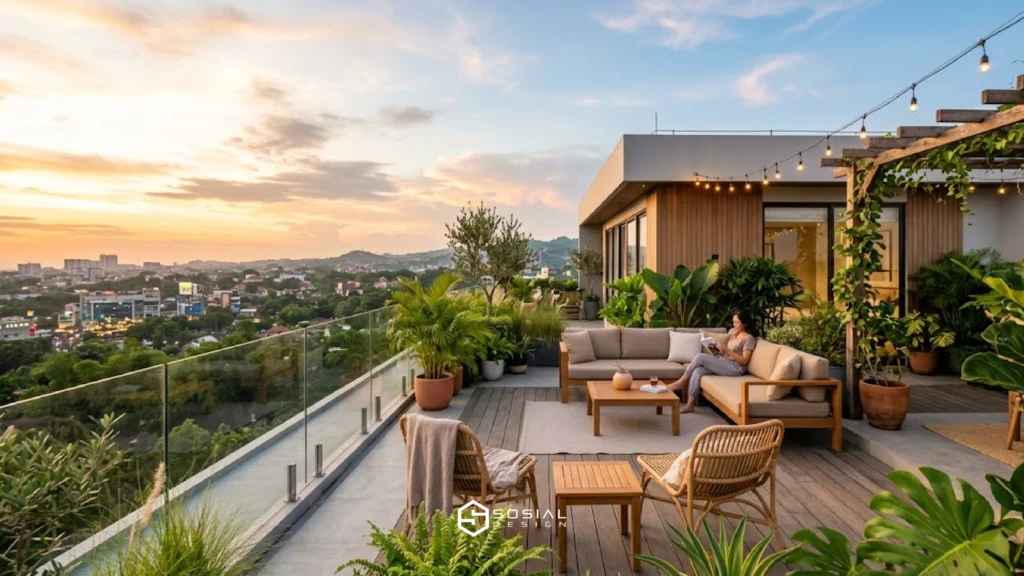 rooftop rumah minimalis dengan area santai dan tanaman hijau