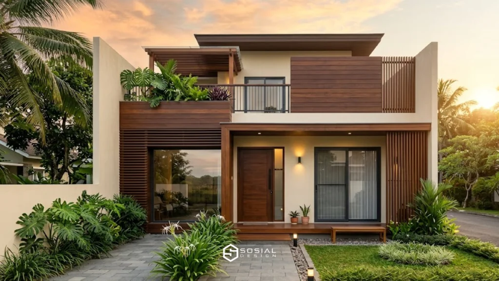 Rumah minimalis warna cream dengan aksen coklat kayu tampak depan