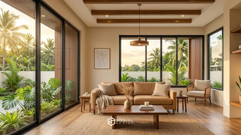 Cat tembok ruang tamu warna cream dengan sofa coklat dan meja kayu