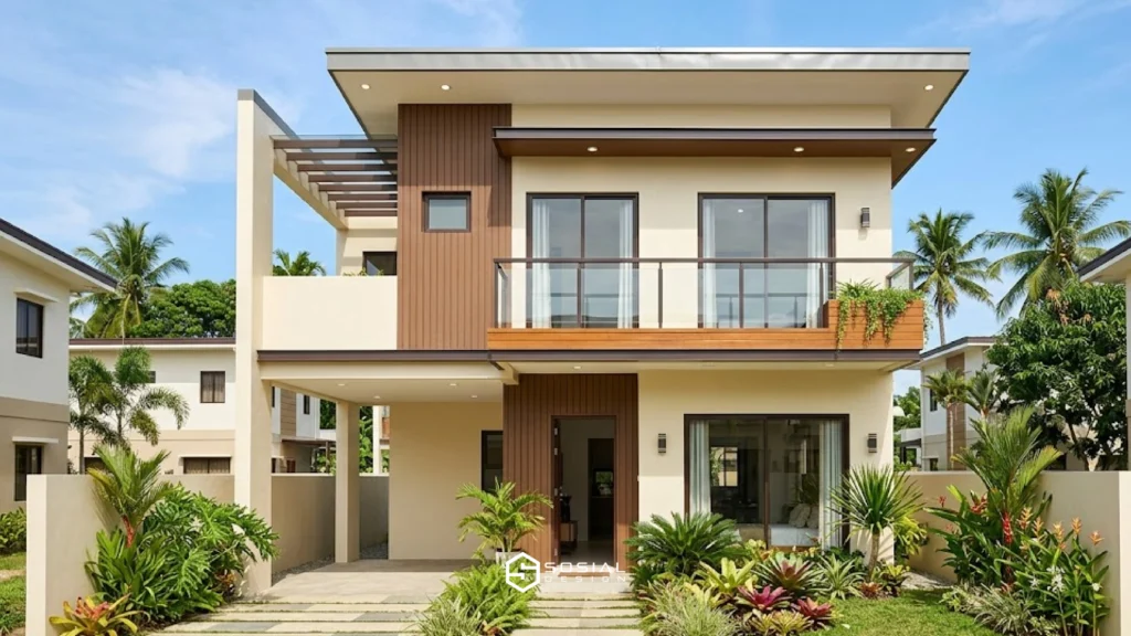 Rumah warna cream dan coklat desain minimalis dua lantai