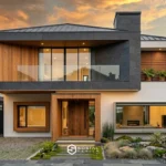 Tampak depan rumah minimalis modern dua lantai di sore hari